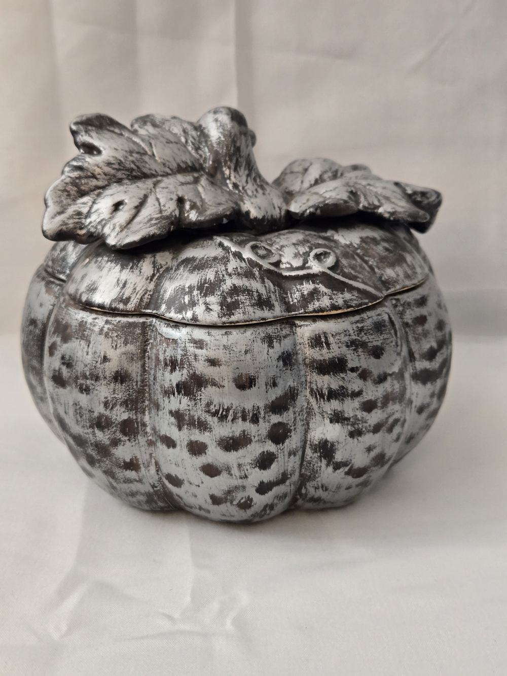 Vintage 2001 Fitz & Floyd Seasons Silver Pumpkin Lidded Candy Dish Fall Decor